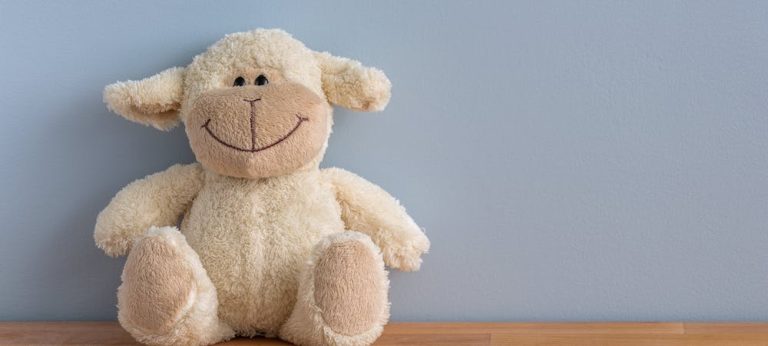 Ovejita de pecluche con fondo azulado para evocar los libros de poesía para niños.