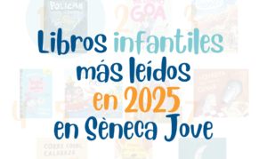 Cartel de libros infantiles más vendidos del 2025 en Sèneca Jove, librería infantil y juvenil en Elche